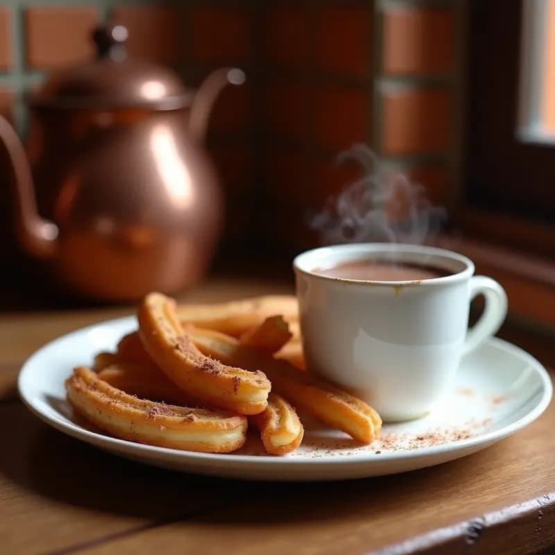 Plato de churros dorados y crujientes espolvoreados con azúcar y canela, acompañados de una taza humeante de chocolate a la taza espeso, receta madrileña clásica casera.