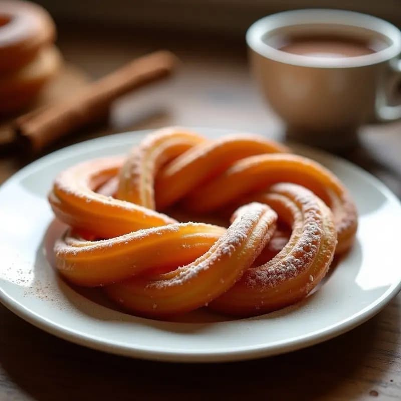 Churros de chocolato y canela dorados y crujientes dispuestos en un plato de barro, espolvoreados con azúcar glass y canela molida, con un fondo rústico y una taza de chocolate caliente al lado.