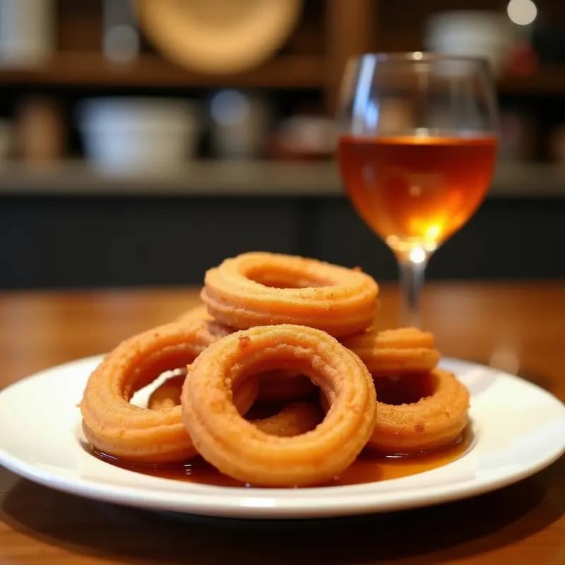 Churros colombianos dorados y crujientes rellenos de arequipe, espolvoreados con azúcar moreno y canela, servidos en una fuente de madera rústica con un fondo de airfryer al lado.