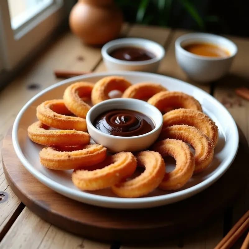 Plato rústico de madera con churros colombianos dorados y crujientes, rellenos de arequipe cremoso, espolvoreados con azúcar glass y acompañados de una taza de chocolate caliente espeso con espuma. Desayuno dulce y energético tradicional.