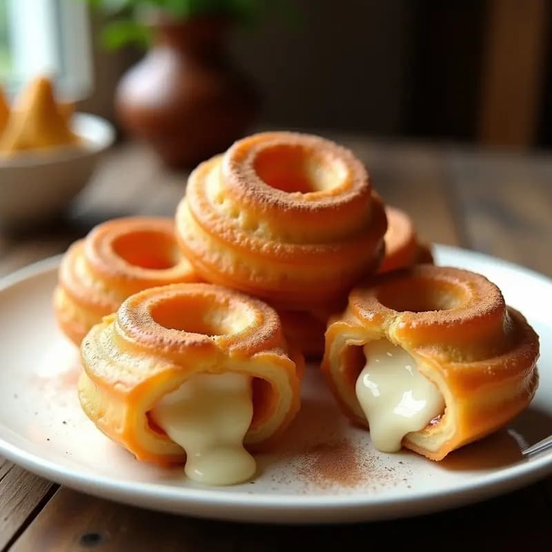 Churros colombianos dorados y crujientes rellenos de arequipe y queso, servidos en un plato blanco con espolvoreado de canela, postre dulce-salado preparado en airfryer.