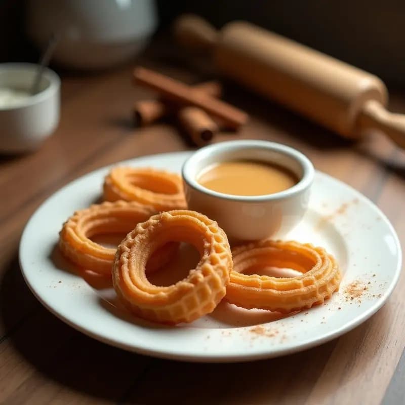 Churros colombianos dorados y crujientes dispuestos en un plato de cerámica blanca, acompañados de un bol pequeño con arequipe vegano espeso y brillante. Espolvoreados con canela en polvo, sobre un fondo de madera rústica con detalles de cocina tradicional.