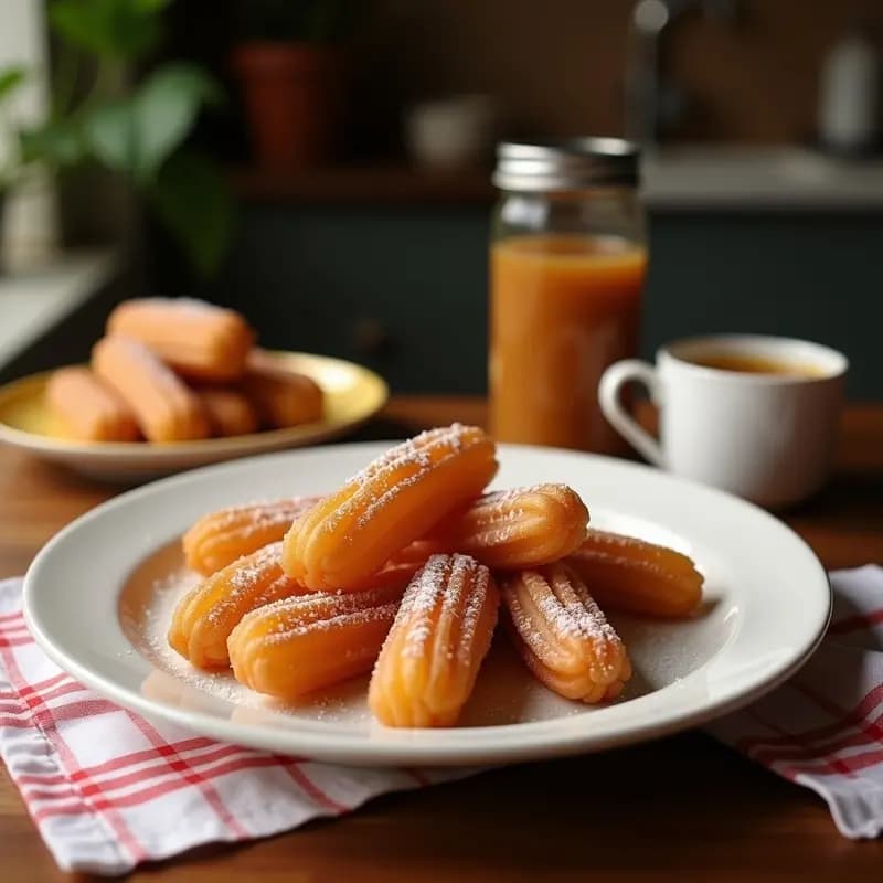 Churros colombianos dorados y crujientes espolvoreados con azúcar moreno y canela, rellenos de arequipe, servidos en un plato rústico de barro con un cuenco de arequipe derretido al lado.