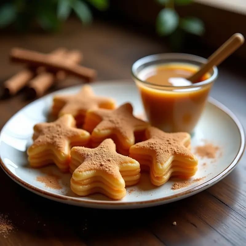 Churros colombianos dorados y crujientes hechos con harina de yuca, servidos en un plato blanco con arequipe cremoso y espolvoreados con canela, postre sin gluten tradicional.