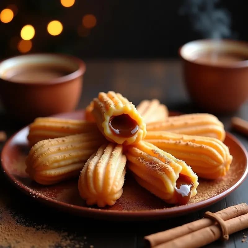 Churros colombianos dorados y crujientes espolvoreados con azúcar y canela, rellenos de cajeta de panela, servidos en un plato rústico de barro con un fondo de mesa de madera y una taza de chocolate caliente al lado.