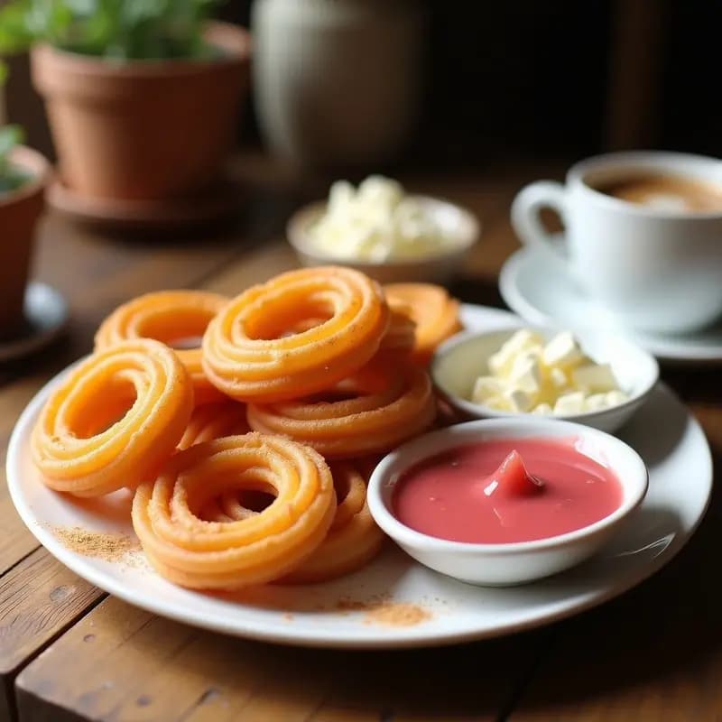 Plato blanco con churros colombianos dorados y crujientes, acompañados de un bol pequeño con salsa de guayaba brillante y trozos de queso fresco desmenuzado, desayuno tradicional colombiano.