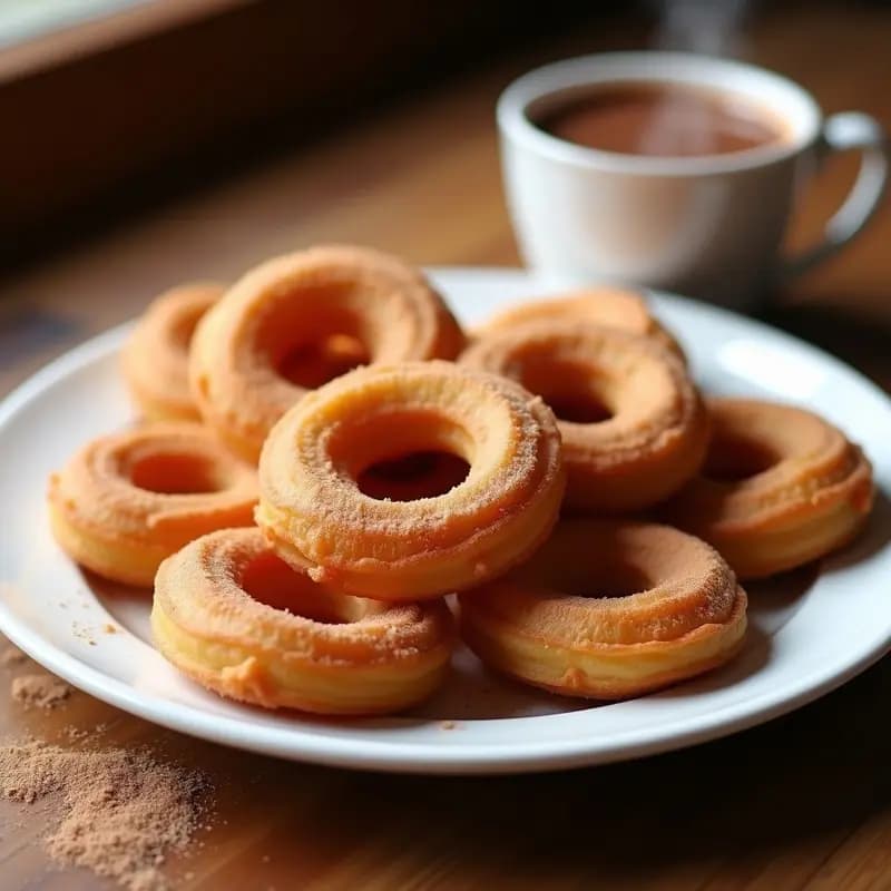 Plato blanco con churros dorados y crujientes espolvoreados con azúcar y canela, acompañados de una taza humeante de chocolate caliente espeso. Receta de churros congelados al microondas con chocolate caliente, postre rápido y sin freír.