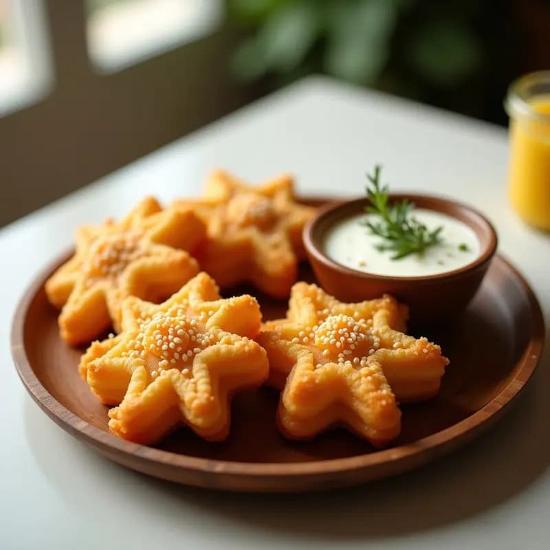 Churros dorados y crujientes de espinaca y queso manchego en airfryer, servidos en un plato de madera rústico con semillas de sésamo, acompañados de una salsa blanca cremosa y hierbas frescas. Receta de desayuno español salado.