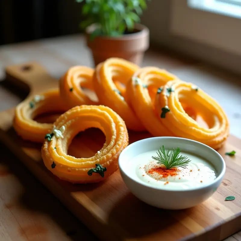 Plato blanco con churros dorados de espinacas y queso feta, crujientes por fuera, servidos con salsa de yogur cremosa en un bol pequeño. Receta española innovadora de aperitivo saludable.