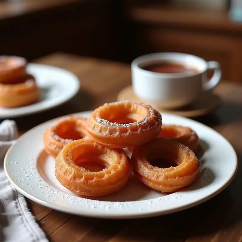 Churros franceses de choux dorados y esponjosos dispuestos en forma de abanico sobre un plato blanco, espolvoreados con azúcar glass, acompañados de un cuenco pequeño con salsa de chocolate amargo brillante.