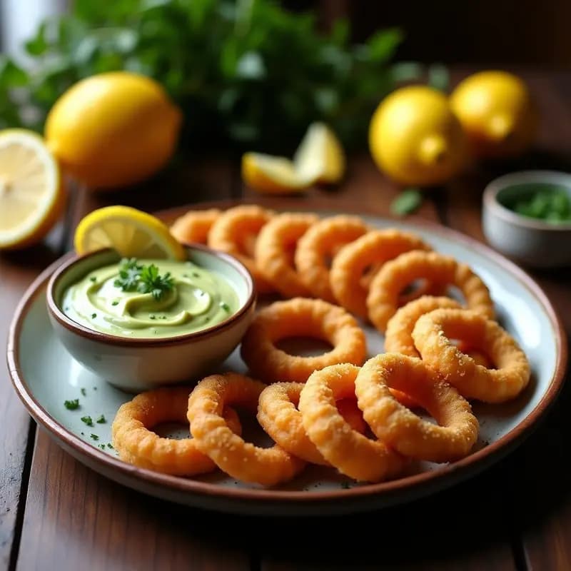 Churros españoles dorados y crujientes de harina de garbanzo, espolvoreados con semillas de sésamo, servidos en un plato de barro rústico junto a un bol pequeño con dip cremoso de aguacate y limón, decorado con rodajas de limón y cilantro fresco.