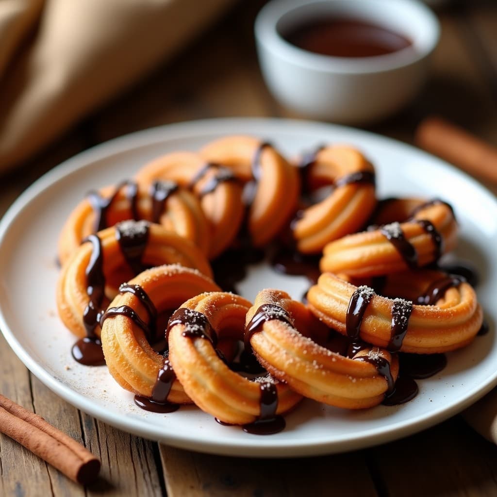 Churros dorados y crujientes de harina de almendra bañados en chocolate negro 100%, servidos en un plato blanco con espolvoreado de canela, receta keto y sin azúcar hecha en airfryer.