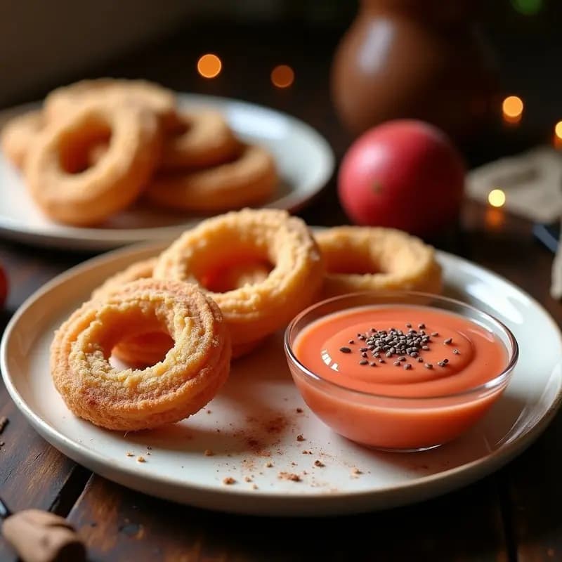 Churros dorados y esponjosos de harina de arroz rebozados en azúcar de coco y canela, servidos en un plato rústico con una salsa espesa de guayaba de color rosado. Postre colombiano sin gluten.