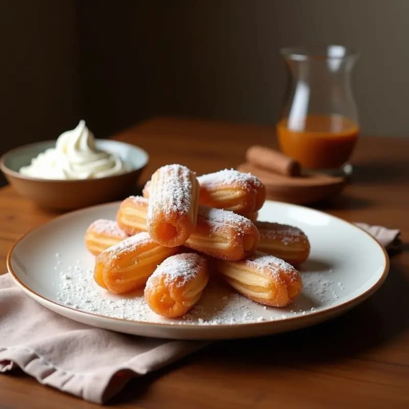 Churros dorados de harina de coco rellenos de cajeta de dátil, servidos en un plato de barro con nueces picadas y espolvoreados con canela, postre mexicano vegano sin fritura.