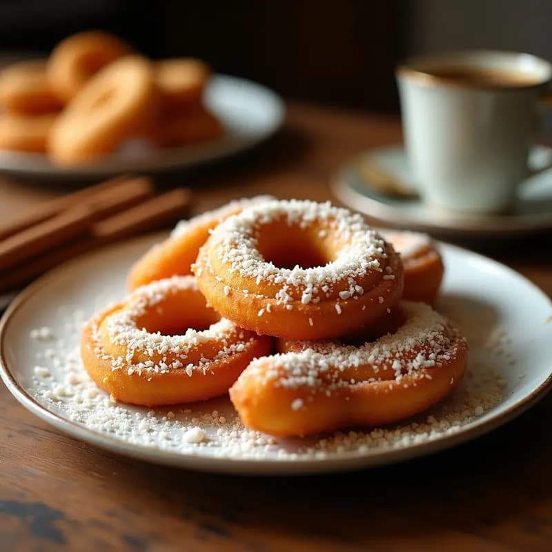 Churros dorados y esponjosos de harina de coco y canela dispuestos en una bandeja de madera rústica, espolvoreados con canela y eritritol, acompañados de una taza de chocolate caliente keto. Receta de postre español keto sin fritura.
