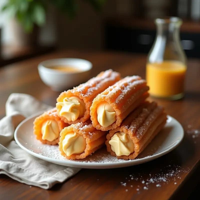Churros dorados y esponjosos de harina de coco rellenos de dulce de leche vegano, dispuestos en una bandeja de madera rústica con un poco de azúcar de coco espolvoreada. Desayuno colombiano sin gluten y vegano.
