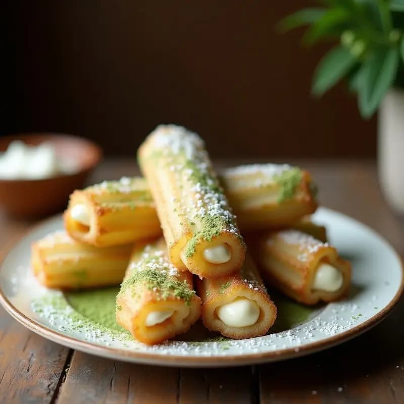 Churros dorados y crujientes con vetas verdes de matcha, rellenos de crema de coco espesa y decorados con coco rallado, servidos en un plato blanco sobre fondo rústico de madera.