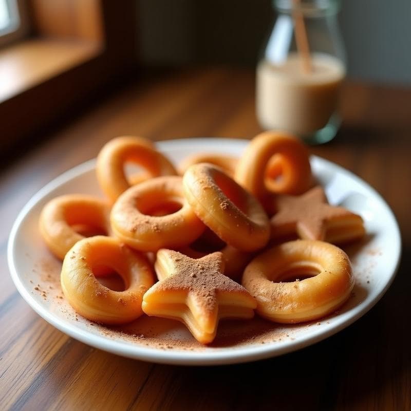 Churros dorados y crujientes de proteína con canela y eritritol en airfryer, apilados en un plato blanco con fondo rústico, espolvoreados con azúcar glass keto.