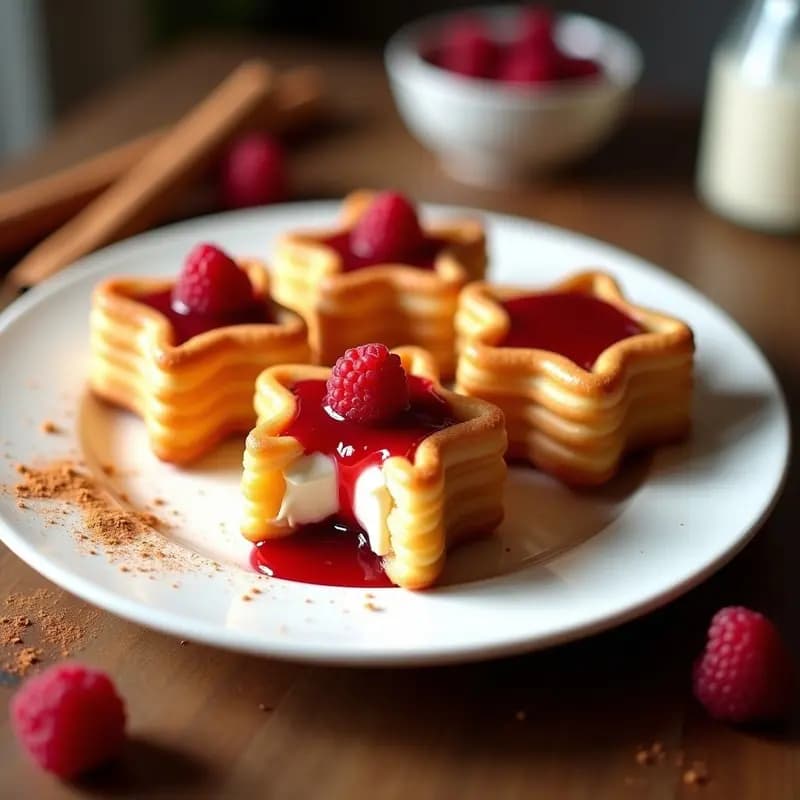 Churros dorados y esponjosos de proteína en polvo, rellenos de queso requesón cremoso y coronados con mermelada de frambuesa brillante. Postre fit sin freír, servido en plato blanco con fondo rústico.