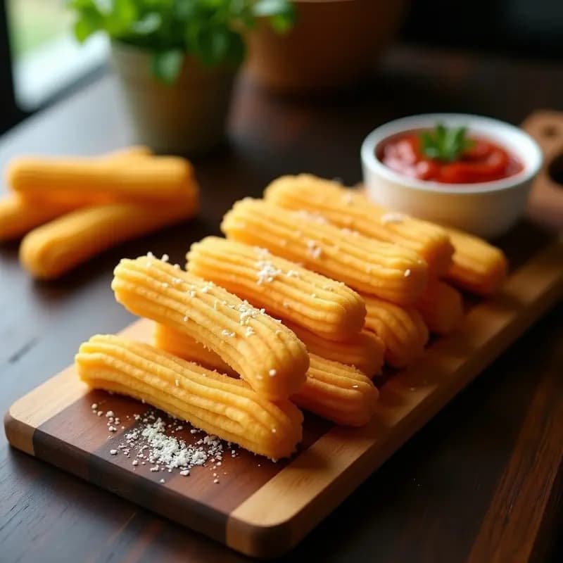 Churros de queso tipo Brasil dorados y crujientes, con rebozado de polenta y queso parmesano, servidos en una fuente de madera con salsa de tomate al lado. Receta de aperitivo crujiente y alto en proteína.