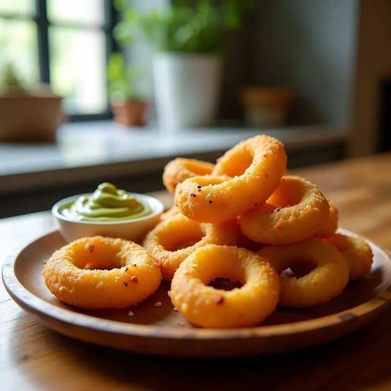 Churros dorados y crujientes de queso fresco y espinacas en airfryer, servidos en un plato rústico con semillas de sésamo y acompañados de un dip de aguacate, receta keto colombiana.