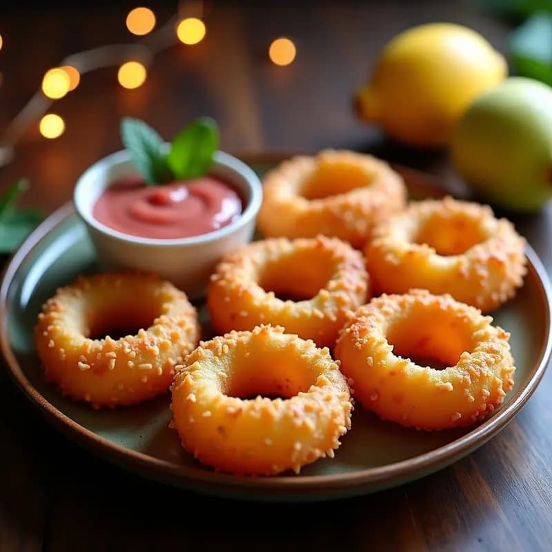 Churros dorados y crujientes de queso mozzarella keto en airfryer, con textura esponjosa por dentro, espolvoreados con semillas de sésamo, servidos en plato rústico con salsa de guayaba brillante y vibrante a un lado.