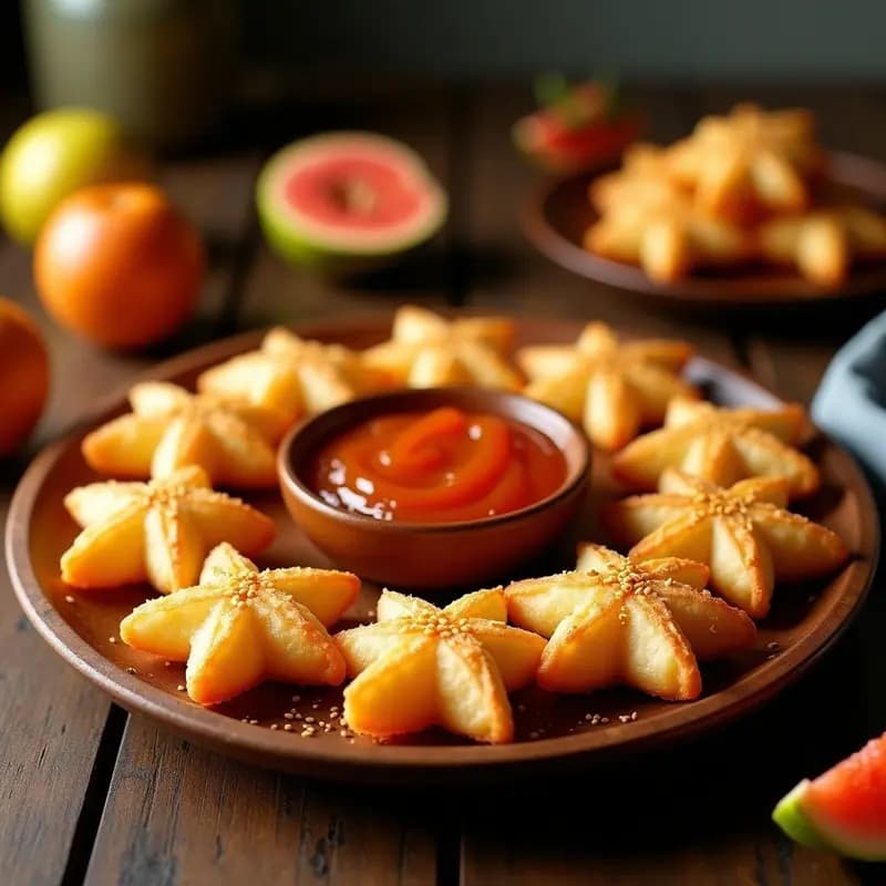 Churros de queso paraguayos dorados y crujientes en una fuente de madera, servidos con un cuenco de mermelada de guayaba brillante y semillas de sésamo espolvoreadas. Receta tradicional paraguaya en airfryer.
