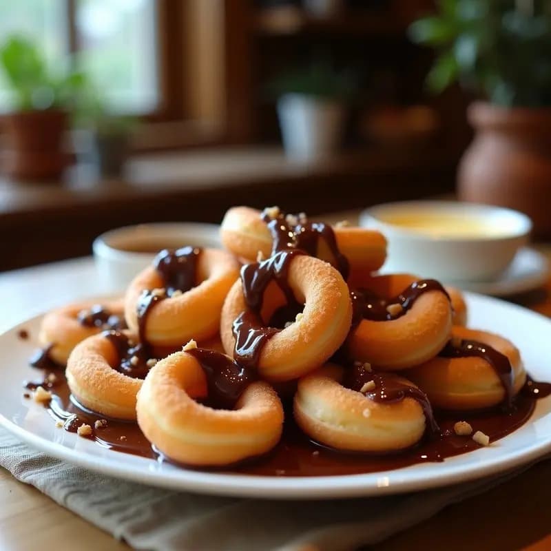Plato de madera rústico con churros dorados de queso y almendra, bañados en salsa de chocolate amargo brillante con trozos de nueces y un toque de pimienta rosa. Aperitivo colombiano salado-dulce gourmet.