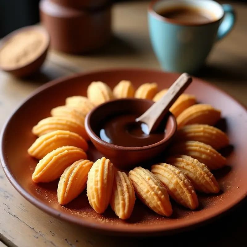 Churros dorados y esponjosos de quinoa y cacao servidos en un plato de cerámica blanca, acompañados de una salsa de chocolate 85% brillante y espolvoreados con canela. Receta keto y colombiana sin harina.