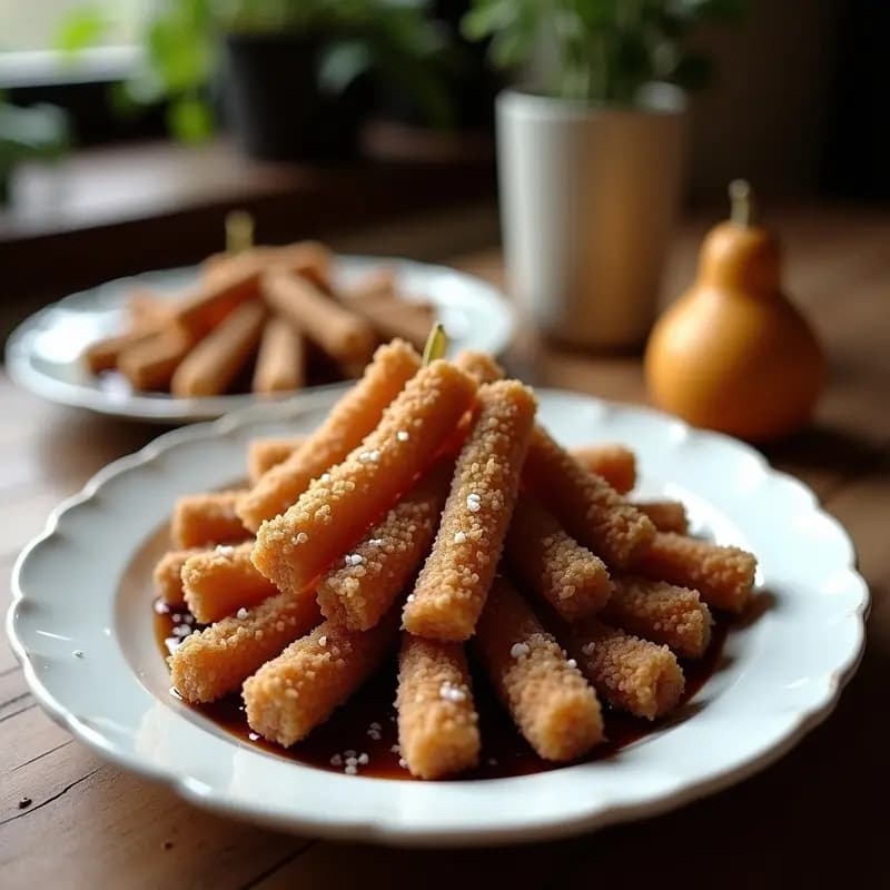 Churros dorados y crujientes de quinoa con vetas visibles, bañados en chocolate 70% brillante y espolvoreados con sal marina en escamas, servidos sobre papel de horno rústico con un fondo claro.