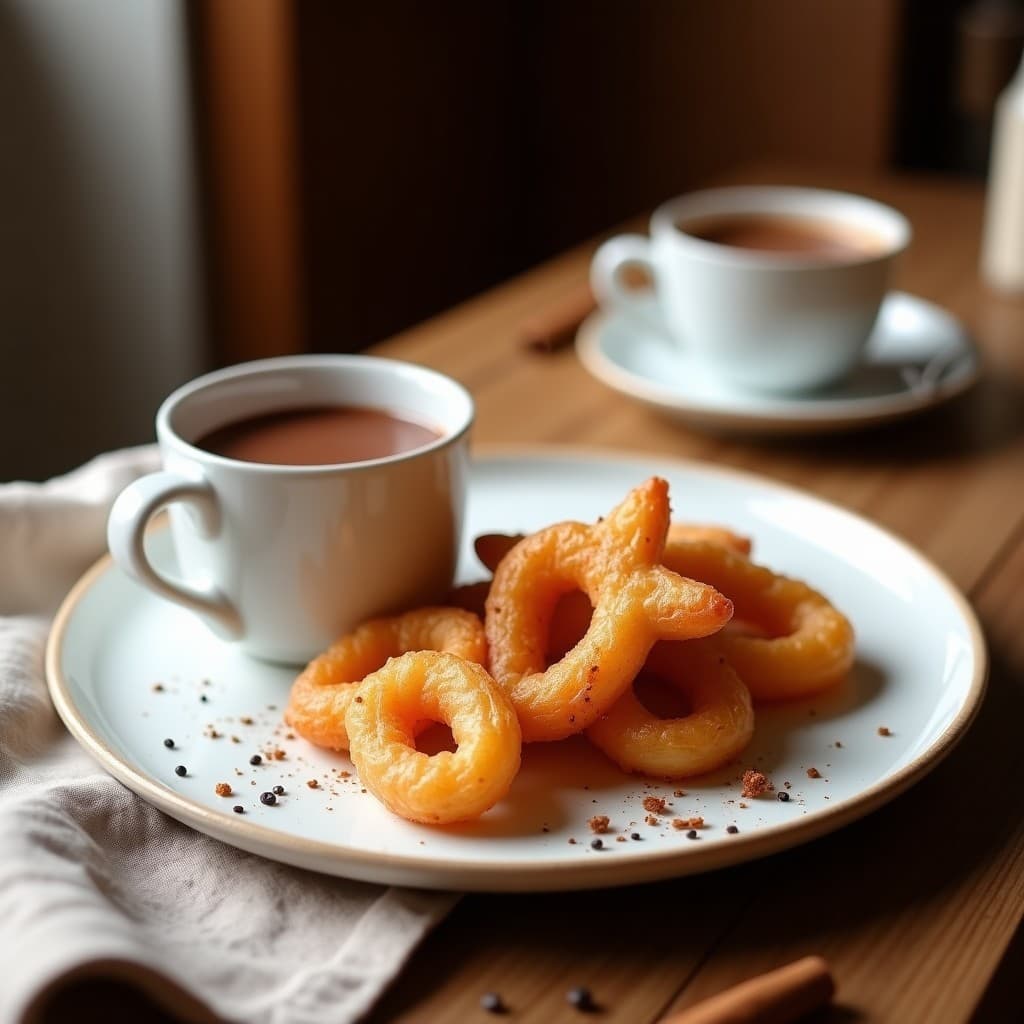 Churros dorados y crujientes de quinoa inflada dispuestos en forma de estrella sobre un plato blanco rústico, acompañados de una taza humeante de chocolate caliente de algarroba espeso y brillante. Fondos borrosos de especias como canela y semillas de chía esparcidas. Postre español vegano en airfryer.