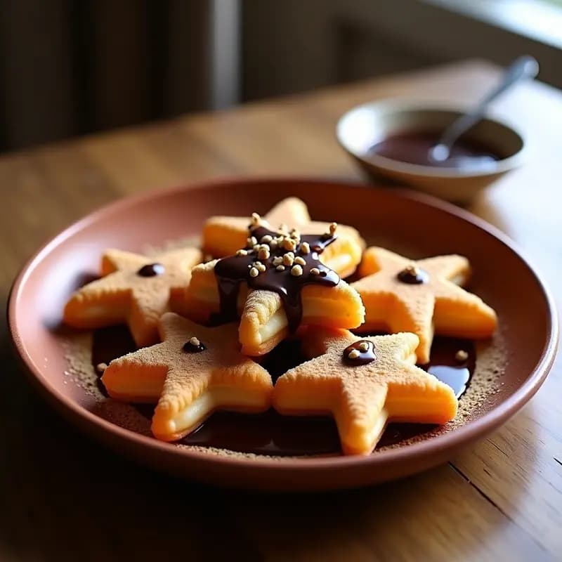 Churros dorados y crujientes de quinoa con surcos profundos, servidos en un plato rústico de barro con salsa de chocolate Cali espesa y brillante, espolvoreados con canela en polvo y quinoa inflada tostada.