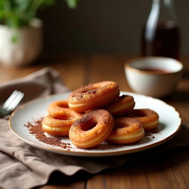 Churros dorados y crujientes de quinoa con textura esponjosa, servidos en un plato rústico junto a una taza de chocolate caliente sin azúcar espumoso, con un toque de canela espolvoreada y cacao en polvo. Postre mexicano fitness bajo en calorías y alto en proteína.