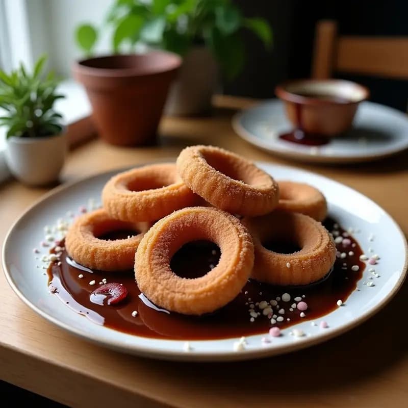 Churros dorados y crujientes de quinoa con textura esponjosa, servidos en un plato rústico de barro junto a una taza de chocolate negro 85% derretido y espolvoreados con canela. Desayuno español vegano y sin azúcar.