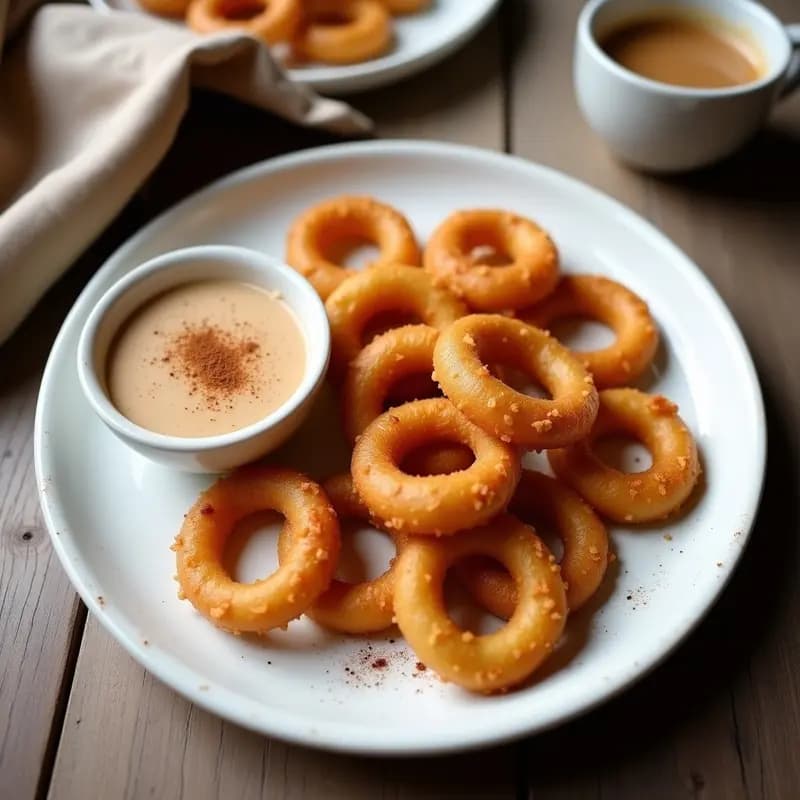 Churros dorados y crujientes de quinoa con canela, servidos en un plato de cerámica blanca con un bol de salsa de cacahuete cremosa al lado, desayuno colombiano sin gluten y energético.