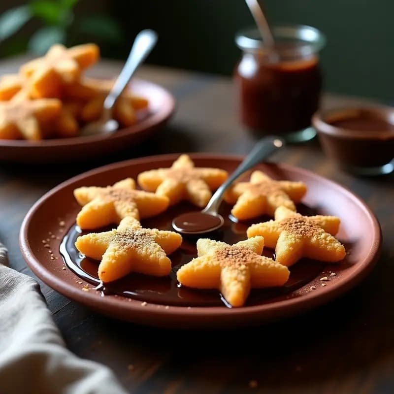 Churros dorados y esponjosos de quinoa en forma de estrella, servidos en un plato de barro con salsa de chocolate amargo brillante y semillas de amapola espolvoreadas, postre latino sin gluten.