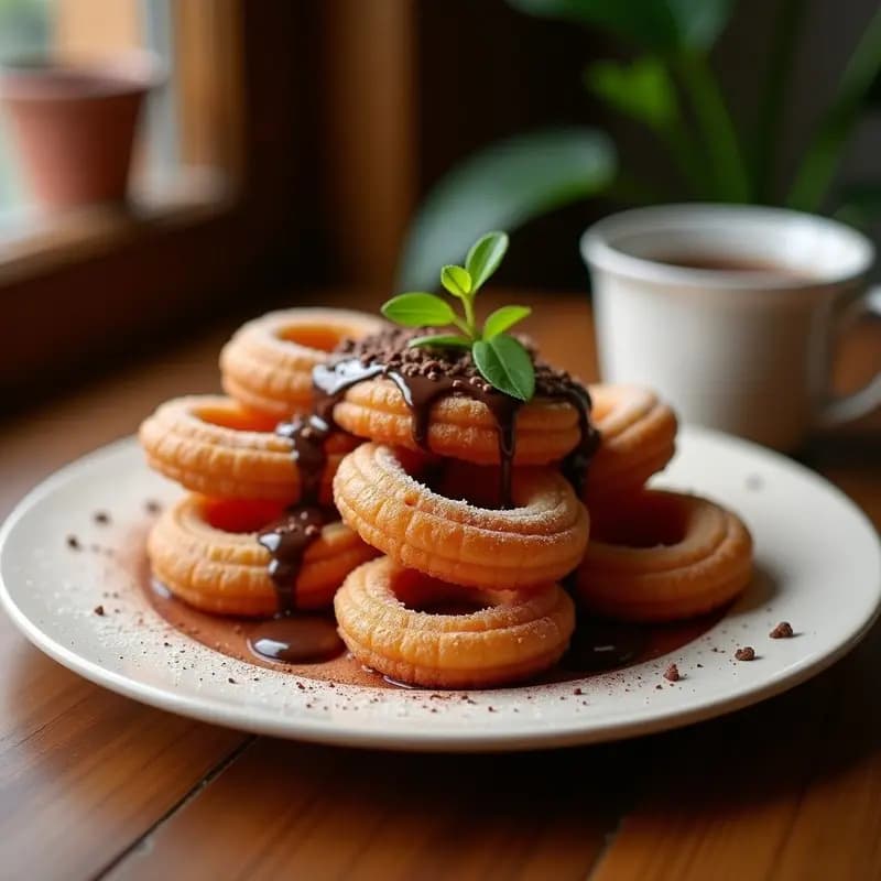 Churros dorados y esponjosos de quinua con surcos característicos, dispuestos en un plato rústico de barro. Acompañados de una salsa de chocolate 85% brillante y sedosa en un bol pequeño de cerámica. Decorados con un toque de canela en polvo y hoja de menta fresca para contraste de color. Postre colombiano keto y sin gluten.