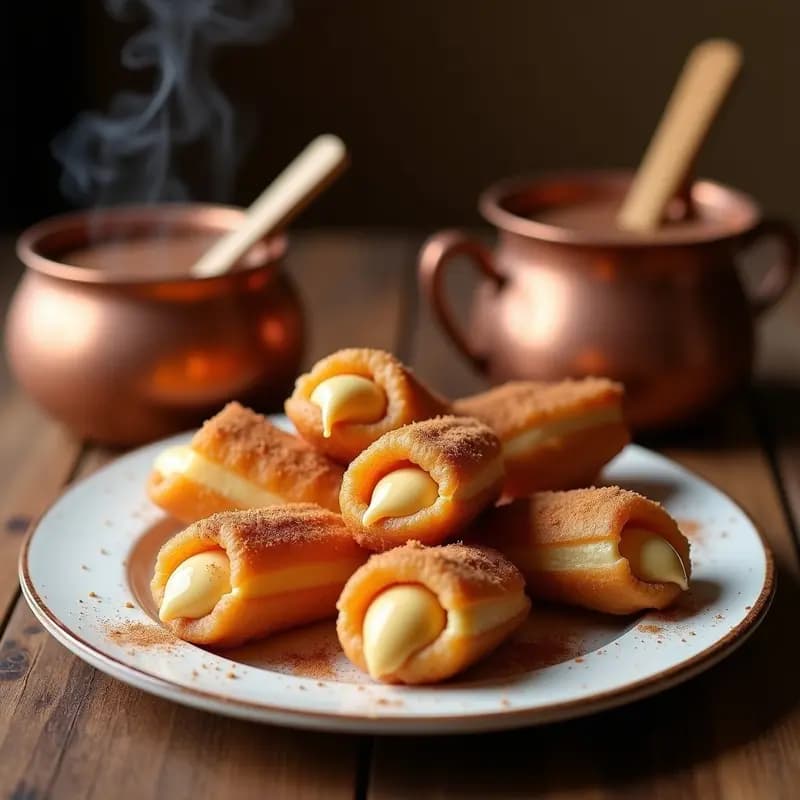Churros colombianos dorados y crujientes rellenos de arequipe, espolvoreados con azúcar y canela, servidos en un plato rústico junto a una taza de chocolate caliente espumoso.