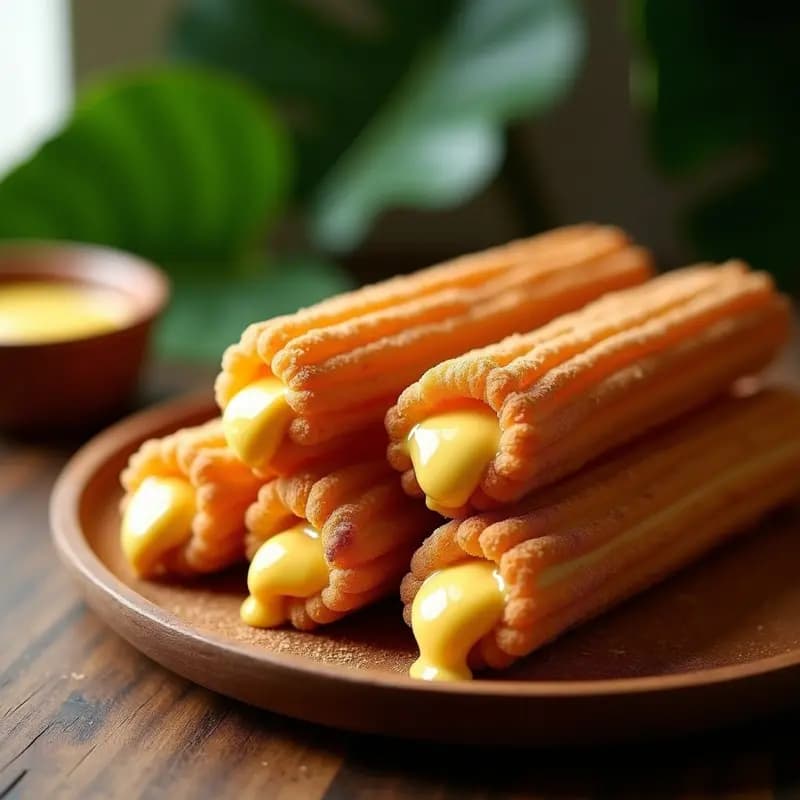 Churros dorados y crujientes espolvoreados con azúcar y canela, rellenos de cajeta de guanábana cremosa, servidos en plato rústico con fondo de hojas de plátano.