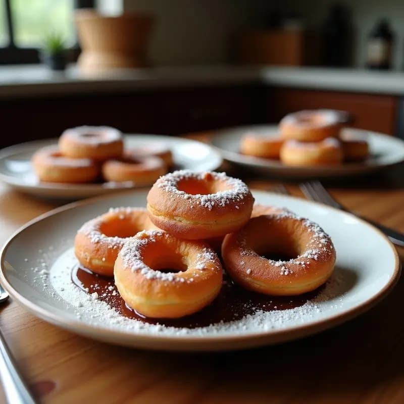 Churros dorados y crujientes rellenos de arequipe cremoso y bañados en chocolate vegano derretido, espolvoreados con canela, servidos en un plato rústico de barro con fondo borroso de cocina tradicional colombiana.