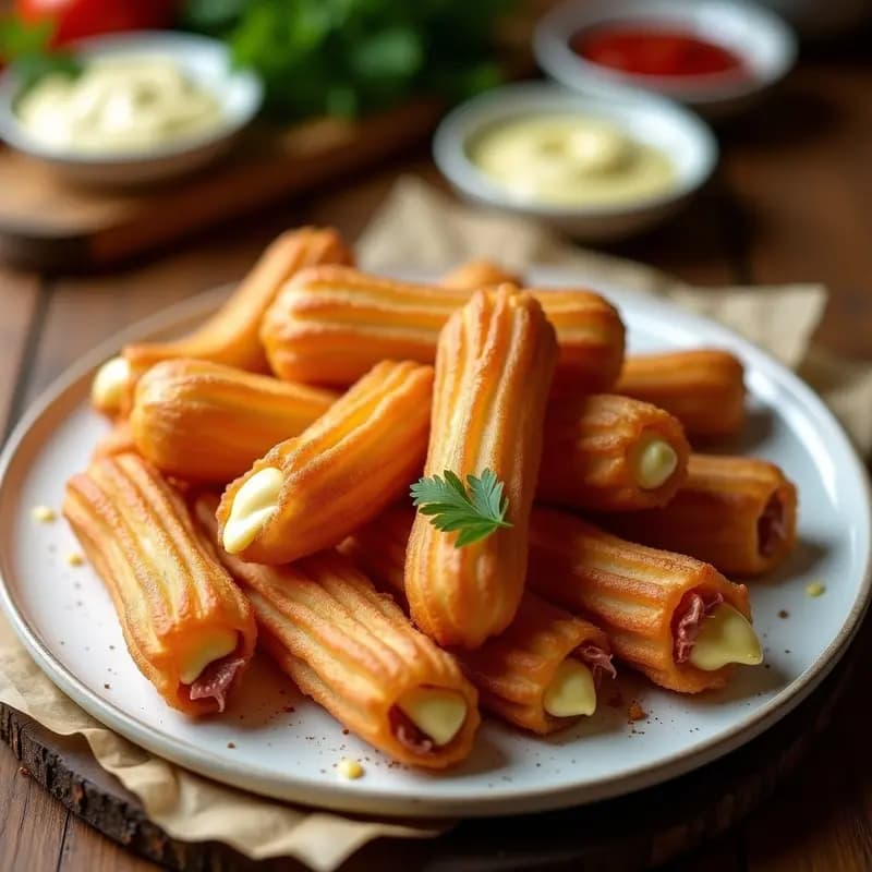 Plato blanco con churros salados dorados y crujientes, rellenos de queso curado y chorizo ibérico, servidos sobre papel de horno. Aperitivo español tradicional para fiestas.