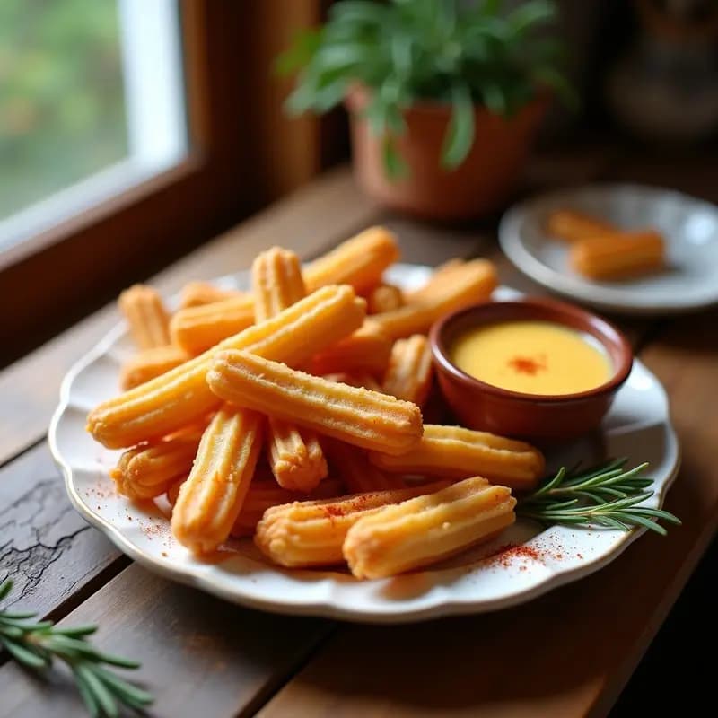 Plato rústico de madera con churros salados dorados y crujientes, cubiertos de queso fundido gratinado, sobre fondo de cocina tradicional española. Aperitivo original para compartir en familia.