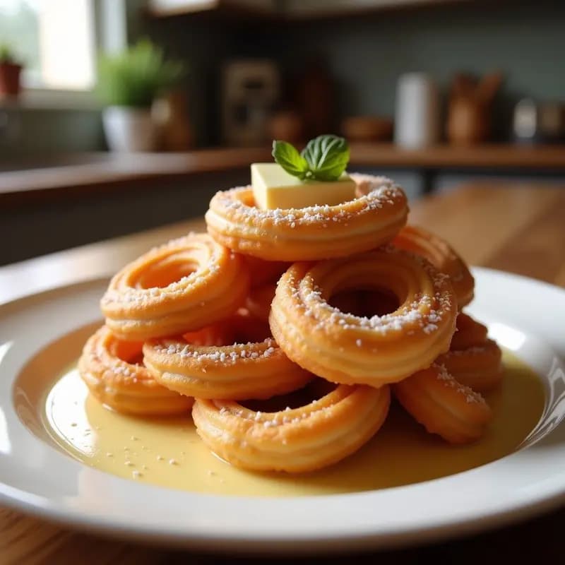 Plato de madera rústico con churros salados dorados y crujientes, rellenos de queso fundido y jamón serrano, servidos como tapa innovadora para bar.