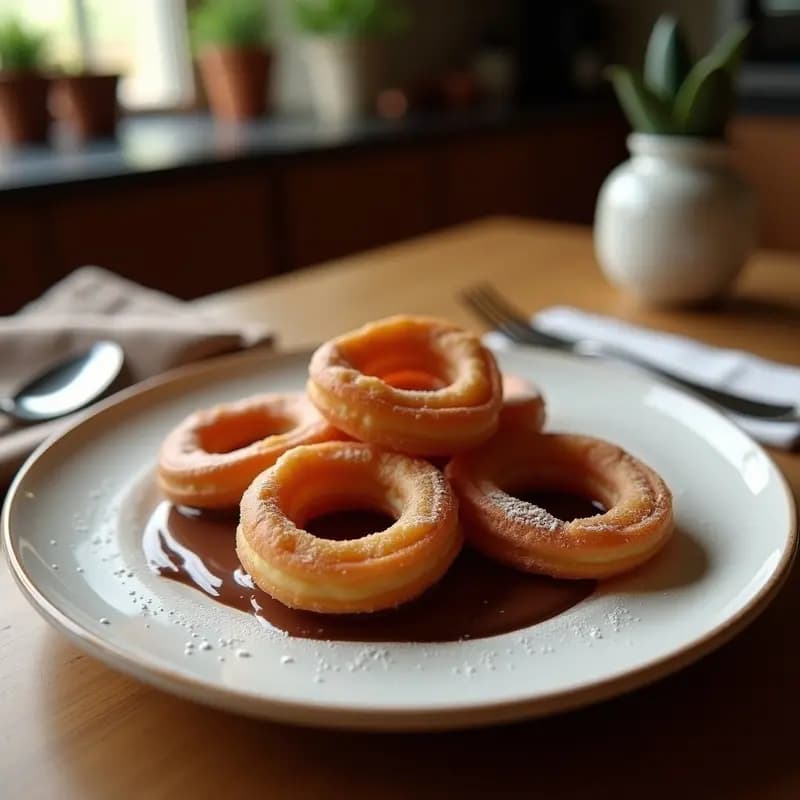 Plato de churros de San José dorados y espolvoreados con azúcar y canela, acompañados de una taza de chocolate espeso y humeante, receta de feria casera tradicional española.