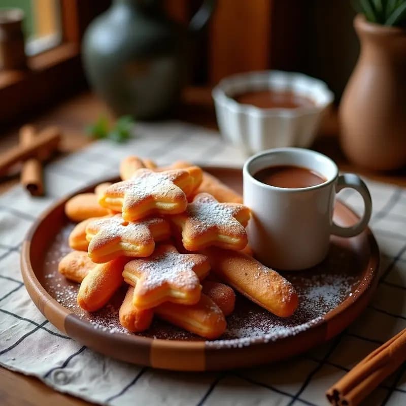 Plato de madera rústico con churros tradicionales dorados y crujientes espolvoreados con azúcar y canela, acompañados de una taza de chocolate caliente espeso y brillante, servido en un ambiente de feria en casa.