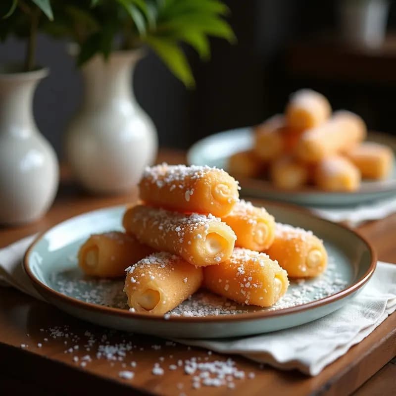 Churros dorados y crujientes de yuca rellenos de cajeta de coco cremosa, espolvoreados con coco rallado y canela, postre colombiano sin gluten y sin azúcar.