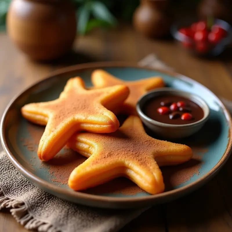 Churros dorados y crujientes de yuca sin harina, servidos en plato de barro con salsa de chocolate negro espeso y trozos de guindilla fresca, receta colombiana tradicional.