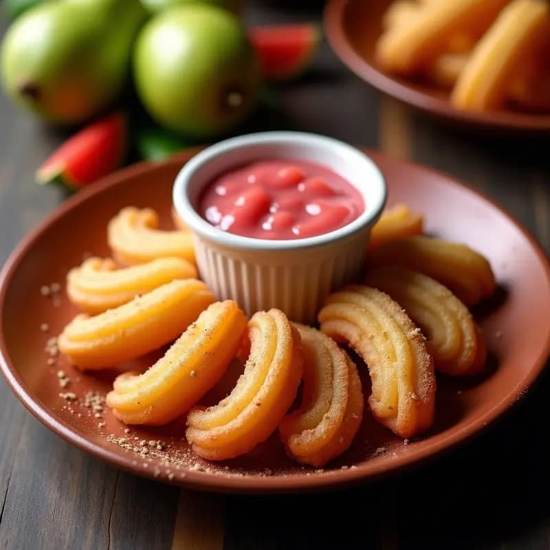 Churros dorados y crujientes de yuca dispuestos en un plato rústico de barro, espolvoreados con azúcar y canela, acompañados de un bol pequeño con salsa de guayaba brillante y un fondo de hojas de plátano.
