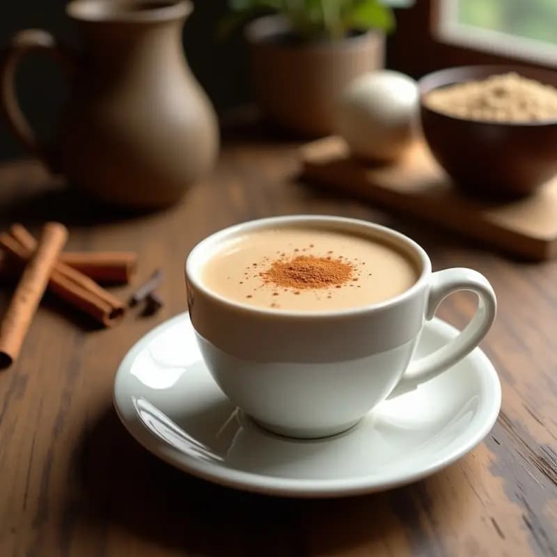 Taza de cerámica blanca con Cícero Malteado con Leche Condensada, bebida colombiana tradicional de color marrón claro, espumosa y decorada con canela en polvo, sobre una mesa rústica de madera con especias al fondo.