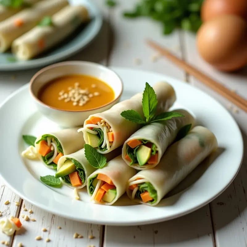 Plato blanco con cigarrillos de spring roll crudiveganos cortados por la mitad, rellenos de aguacate cremoso, germinados de rábano, zanahoria y pepino, acompañados de una salsa dorada de jengibre y limón. Presentación vietnamita fresca y colorida.